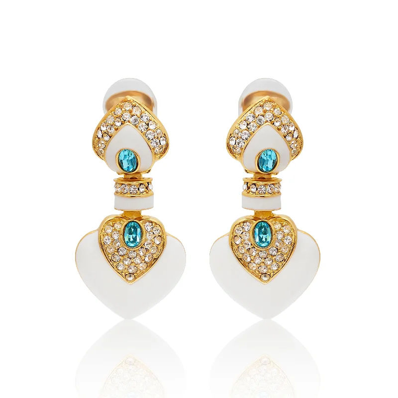 White & Aqua Heart Drop Clip Earrings