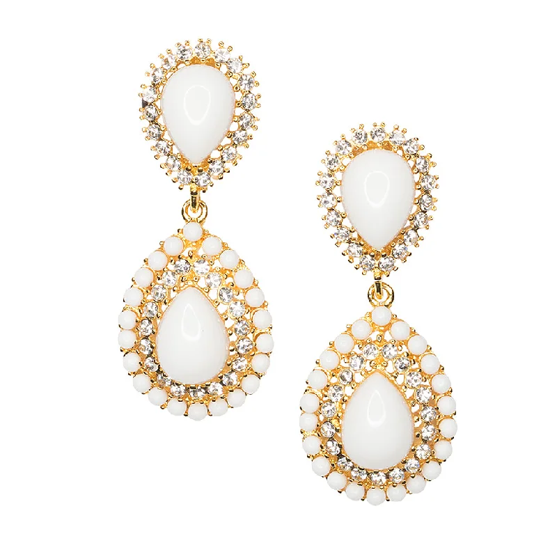 White & Crystal Teardrop Clip Earrings